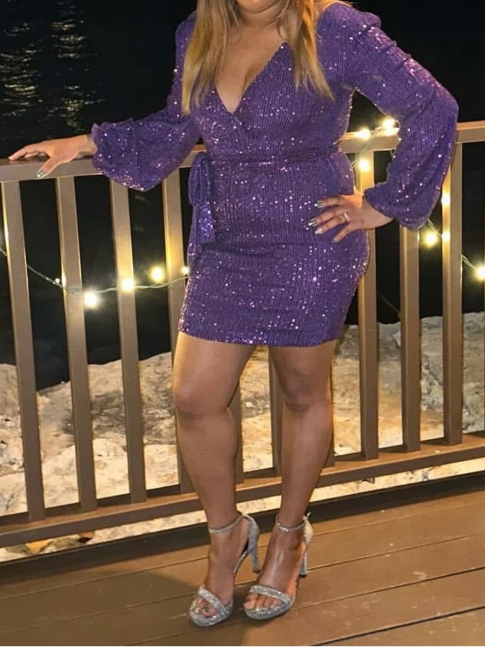 Bebe Purple Sequin Long Sleeve Mini Dress Size Large. MISSING BELT